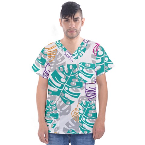 Pattern Leaves Rainbow Men s V-neck Scrub Top by HermanTelo