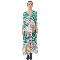 Pattern Leaves Rainbow Button Up Boho Maxi Dress