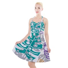 Pattern Leaves Rainbow Halter Party Swing Dress 