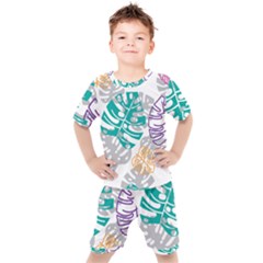 Pattern Leaves Rainbow Kids  Tee And Shorts Set by HermanTelo