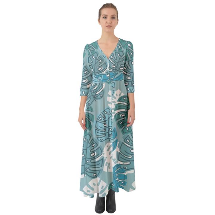 Pattern Leaves Banana Button Up Boho Maxi Dress