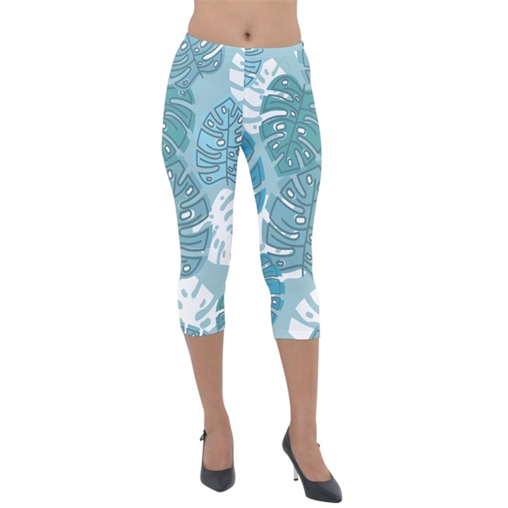 Pattern Leaves Banana Lightweight Velour Capri Leggings 