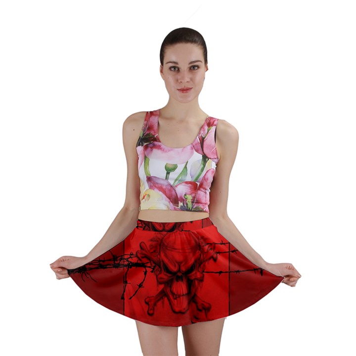 Awesome Creepy Skull With Crowm In Red Colors Mini Skirt