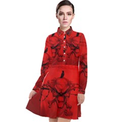 Awesome Creepy Skull With Crowm In Red Colors Long Sleeve Chiffon Shirt Dress by FantasyWorld7