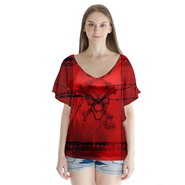 Awesome Creepy Skull With Crowm In Red Colors V-Neck Flutter Sleeve Top