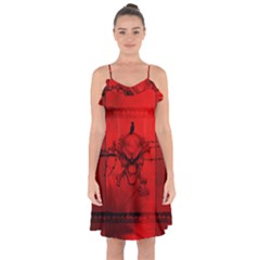 Awesome Creepy Skull With Crowm In Red Colors Ruffle Detail Chiffon Dress by FantasyWorld7