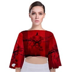 Awesome Creepy Skull With Crowm In Red Colors Tie Back Butterfly Sleeve Chiffon Top by FantasyWorld7