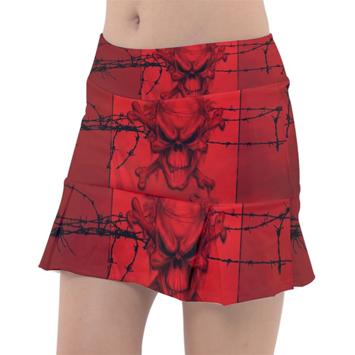 Awesome Creepy Skull With Crowm In Red Colors Tennis Skirt