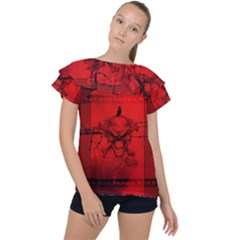 Awesome Creepy Skull With Crowm In Red Colors Ruffle Collar Chiffon Blouse