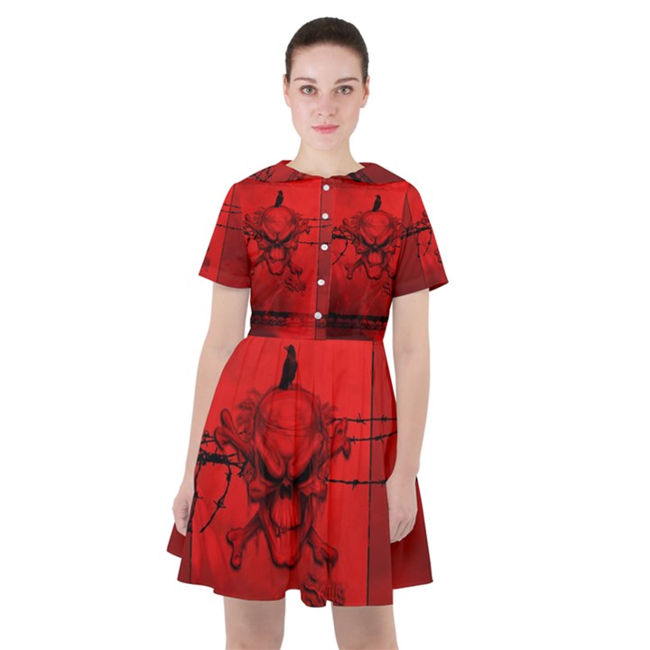 Awesome Creepy Skull With Crowm In Red Colors Sailor Dress