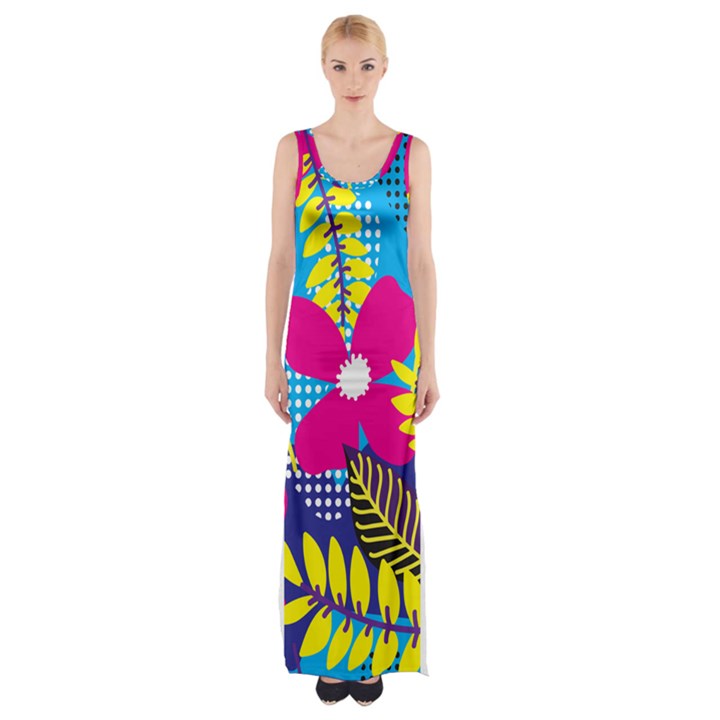 Pattern Leaf Polka Rainbow Maxi Thigh Split Dress