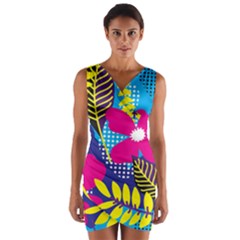 Pattern Leaf Polka Rainbow Wrap Front Bodycon Dress