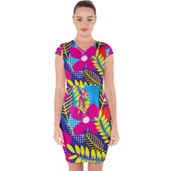 Pattern Leaf Polka Rainbow Capsleeve Drawstring Dress 