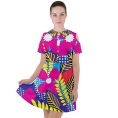 Pattern Leaf Polka Rainbow Short Sleeve Shoulder Cut Out Dress 