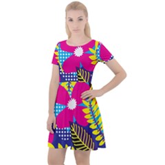 Pattern Leaf Polka Rainbow Cap Sleeve Velour Dress 