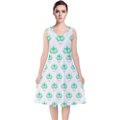 Plant Pattern Green Leaf Flora V-neck Midi Sleeveless Dress 