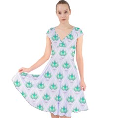 Plant Pattern Green Leaf Flora Cap Sleeve Front Wrap Midi Dress