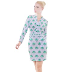 Plant Pattern Green Leaf Flora Button Long Sleeve Dress