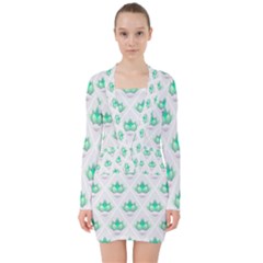 Plant Pattern Green Leaf Flora V-neck Bodycon Long Sleeve Dress