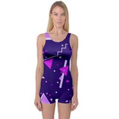 Purple Blue Geometric Pattern One Piece Boyleg Swimsuit