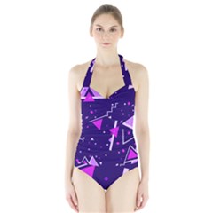 Purple Blue Geometric Pattern Halter Swimsuit