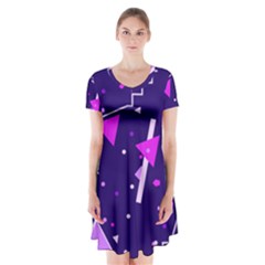 Purple Blue Geometric Pattern Short Sleeve V-neck Flare Dress