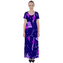 Purple Blue Geometric Pattern High Waist Short Sleeve Maxi Dress