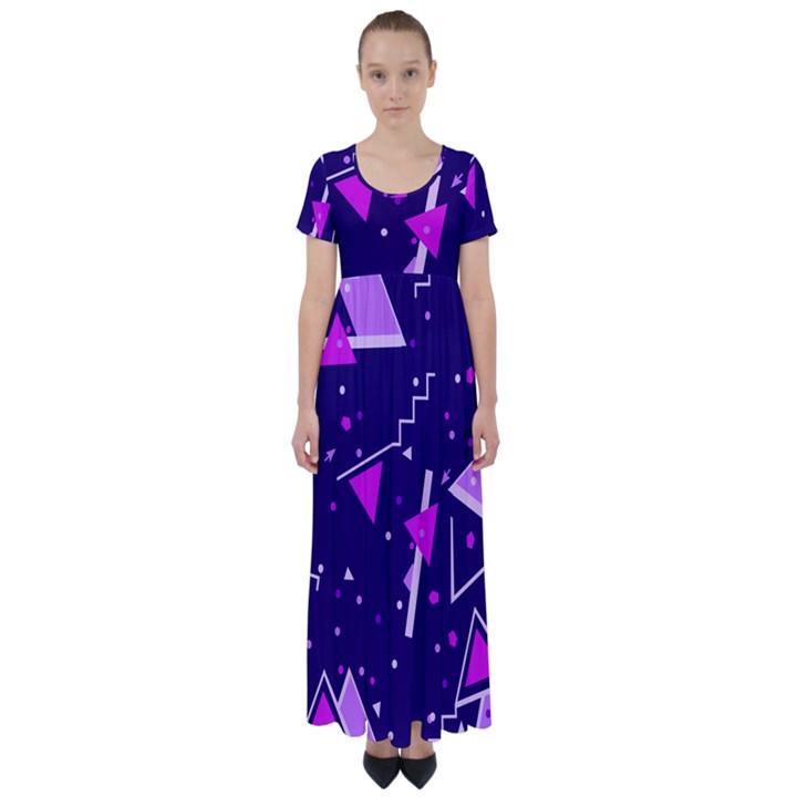 Purple Blue Geometric Pattern High Waist Short Sleeve Maxi Dress