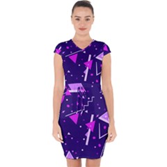 Purple Blue Geometric Pattern Capsleeve Drawstring Dress 