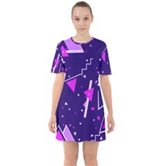 Purple Blue Geometric Pattern Sixties Short Sleeve Mini Dress by HermanTelo