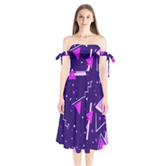 Purple Blue Geometric Pattern Shoulder Tie Bardot Midi Dress