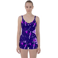 Purple Blue Geometric Pattern Tie Front Two Piece Tankini