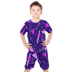 Purple Blue Geometric Pattern Kids  Tee And Shorts Set