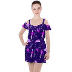 Purple Blue Geometric Pattern Ruffle Cut Out Chiffon Playsuit