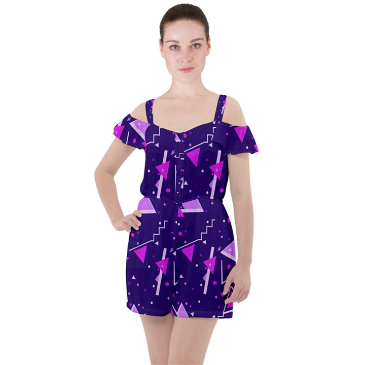 Purple Blue Geometric Pattern Ruffle Cut Out Chiffon Playsuit