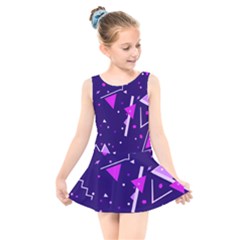 Purple Blue Geometric Pattern Kids  Skater Dress Swimsuit