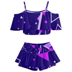 Purple Blue Geometric Pattern Kids  Off Shoulder Skirt Bikini