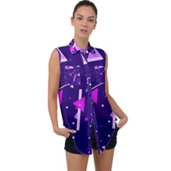 Purple Blue Geometric Pattern Sleeveless Chiffon Button Shirt