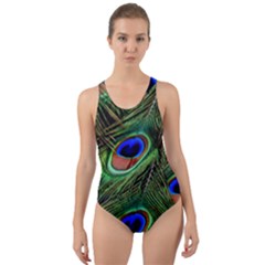 Peacock Feathers Plumage Iridescent Cut-out Back One Piece Swimsuit