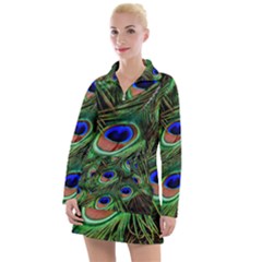 Peacock Feathers Plumage Iridescent Women s Long Sleeve Casual Dress