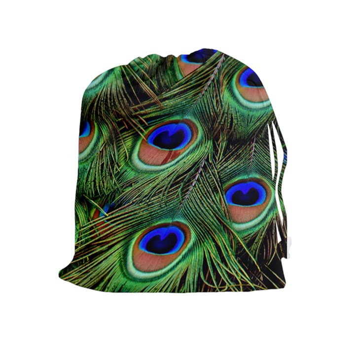 Peacock Feathers Plumage Iridescent Drawstring Pouch (XL)