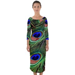 Peacock Feathers Plumage Iridescent Quarter Sleeve Midi Bodycon Dress by HermanTelo