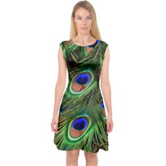 Peacock Feathers Plumage Iridescent Capsleeve Midi Dress