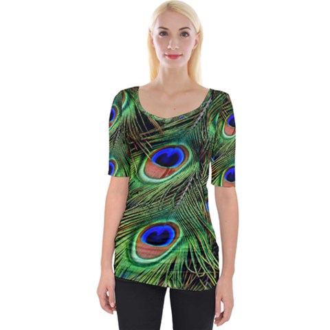 Peacock Feathers Plumage Iridescent Wide Neckline Tee by HermanTelo