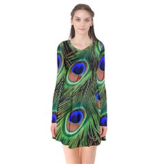 Peacock Feathers Plumage Iridescent Long Sleeve V-neck Flare Dress by HermanTelo