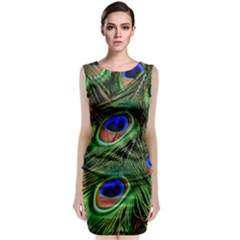 Peacock Feathers Plumage Iridescent Sleeveless Velvet Midi Dress