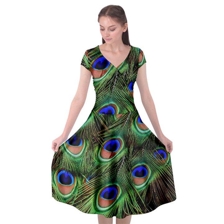 Peacock Feathers Plumage Iridescent Cap Sleeve Wrap Front Dress