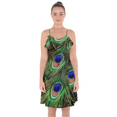 Peacock Feathers Plumage Iridescent Ruffle Detail Chiffon Dress