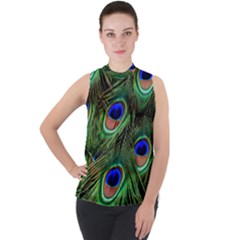 Peacock Feathers Plumage Iridescent Mock Neck Chiffon Sleeveless Top by HermanTelo