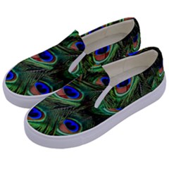 Peacock Feathers Plumage Iridescent Kids  Canvas Slip Ons by HermanTelo